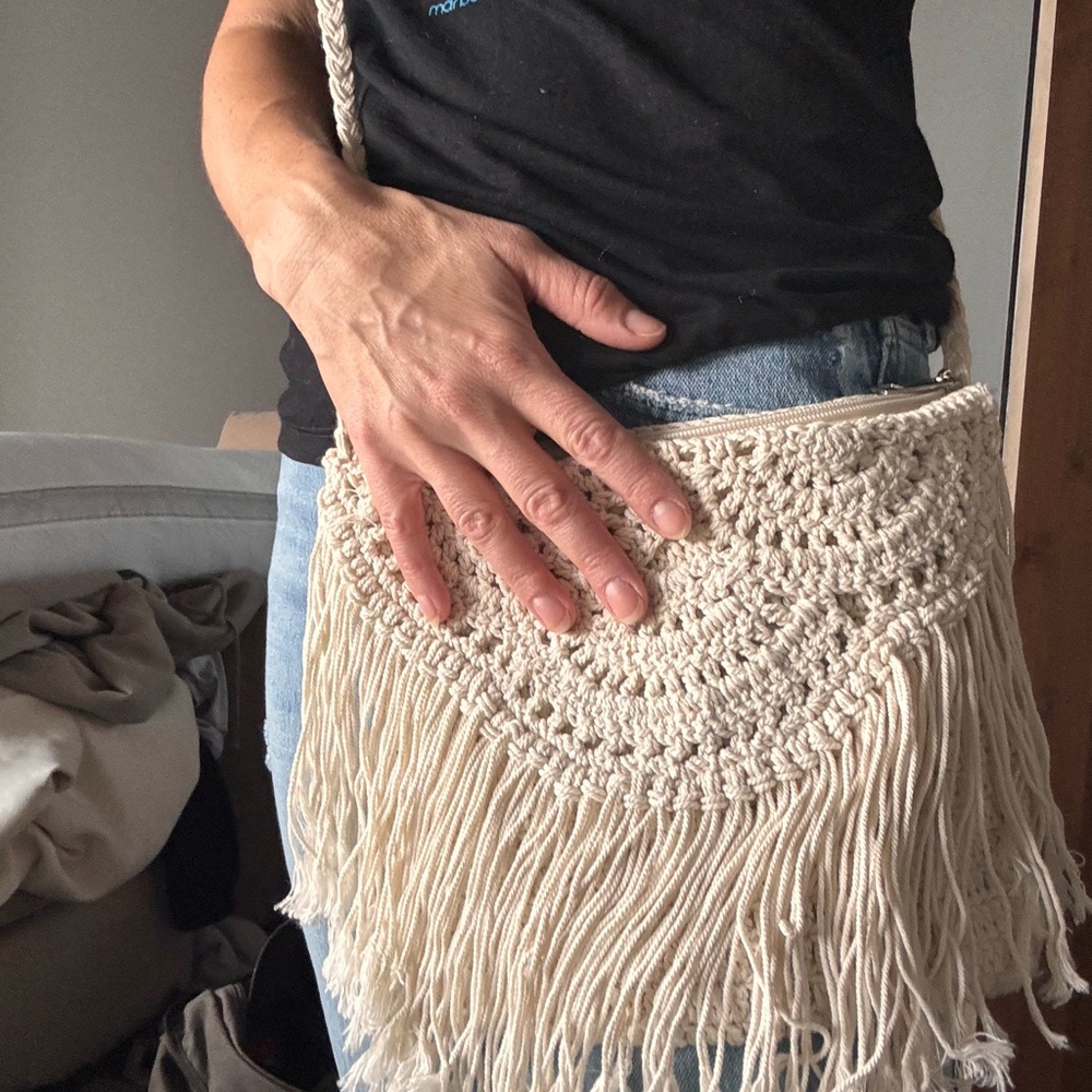 Handcrafted Cream Fringe Crossbody Bag